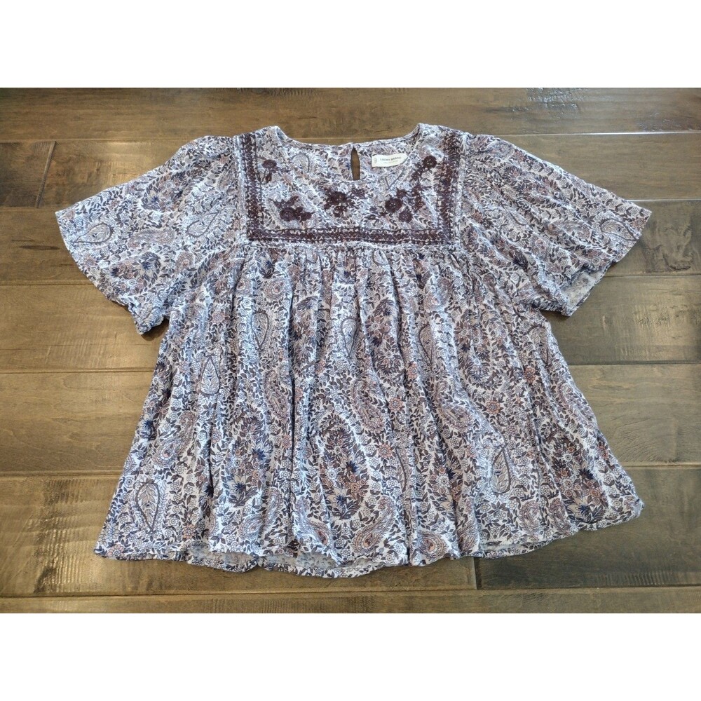 Lucky Brand Lavender Paisley Short Sleeve Peasant Blouse
